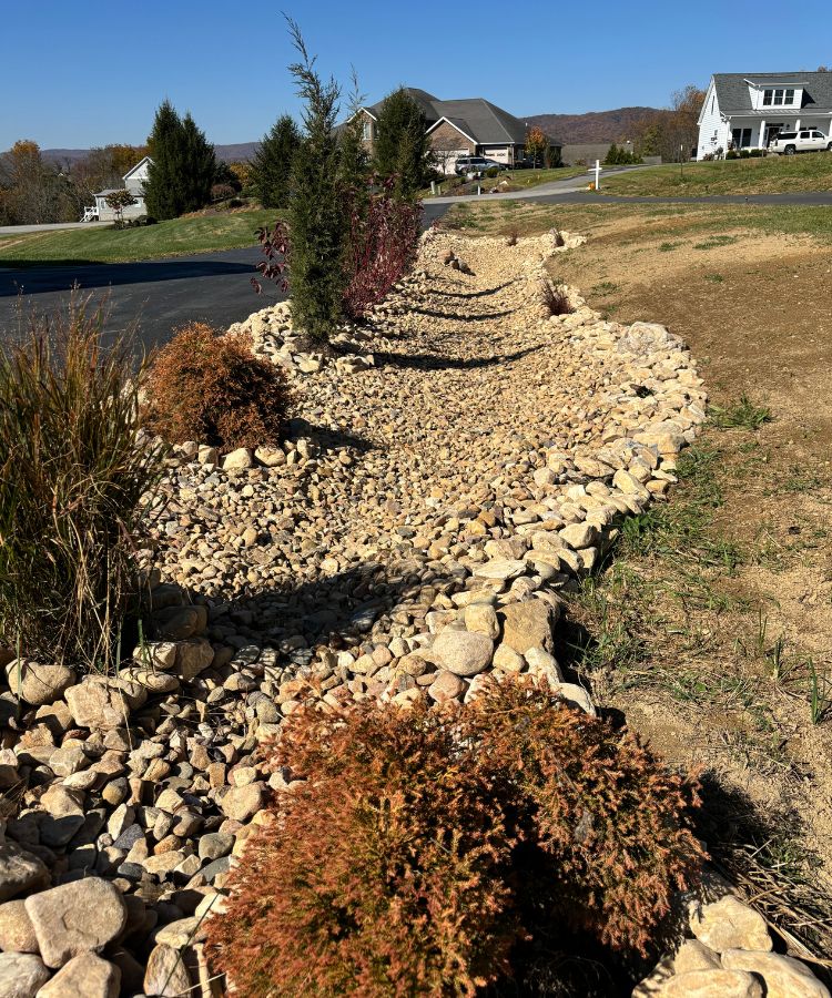 Dry creek bed with decorative rocks and drought-tolerant plants designed for landscape drainage and erosion control in a residential neighborhood.