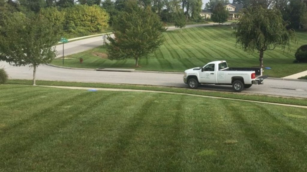 Freshly mowed lawn with professional striping patterns, featuring a landscaping company truck parked on the street in a well-maintained suburban neighborhood.