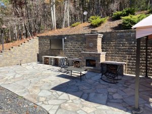Patio with fireplace