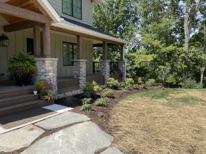 Newly planted flowers and plants in garden bed